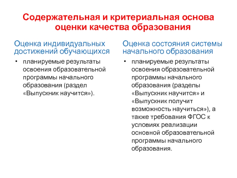 Оценка результатов освоения программы. Содержательно критериальная основа оценивания. Основа оценивания образовательных результатов. Содержательные принципы оценки качества образования. Содержательной основой оценки качества общего образования является:.