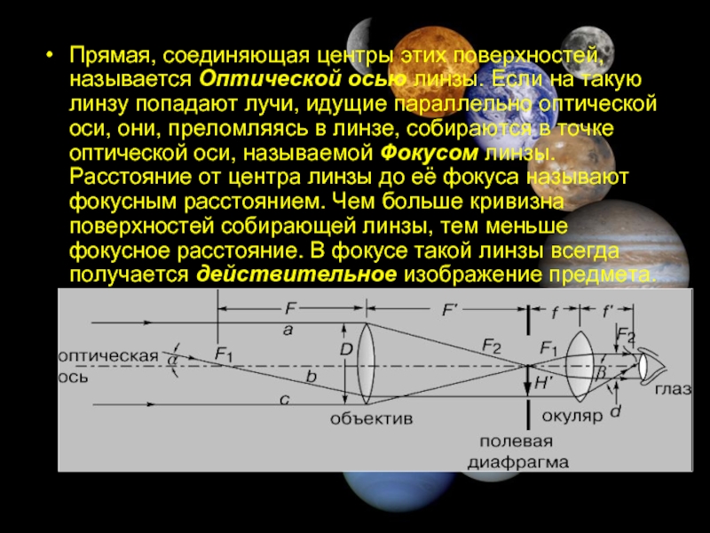 Линза дает изображение солнца на расстоянии 10 см от оптического центра линзы