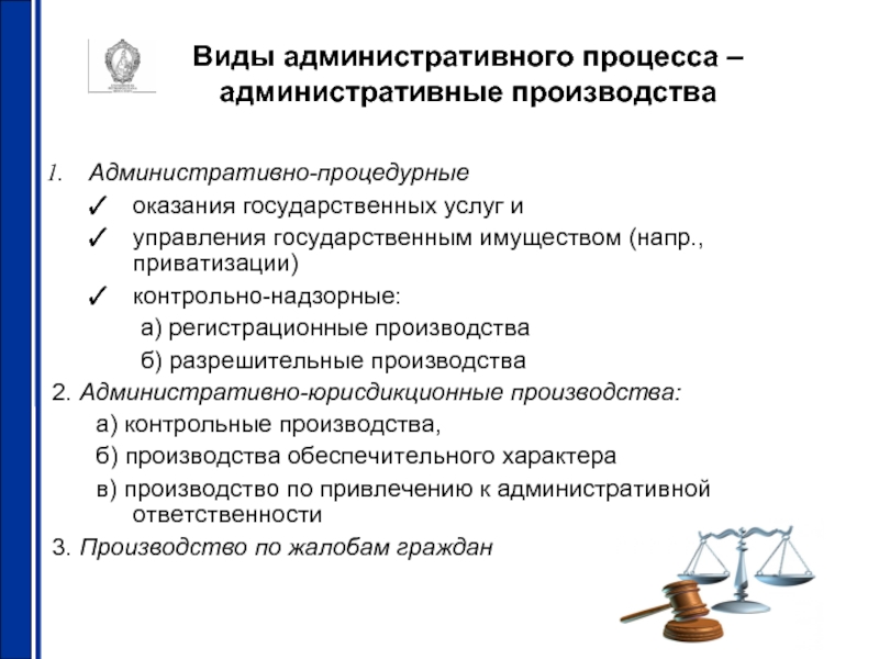 А также административный. Виды административного процесса. Контрольно-надзорное производство. Виды регистрационного производства. Функции административного процесса.