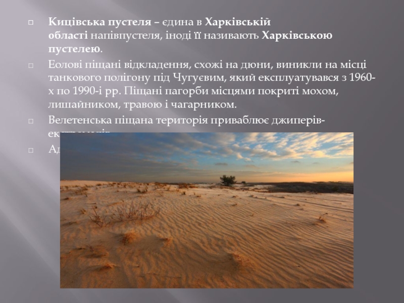 Кицівська пустеля – єдина в Харківській області напівпустеля, іноді її називають Харківською пустелею.Еолові піщані відкладення,