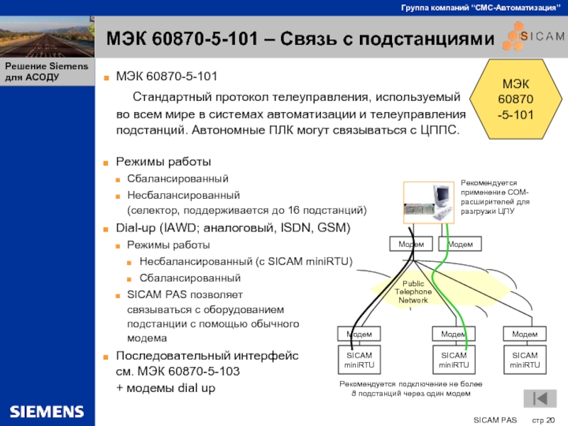 МЭК 60870-5-101 – Связь с подстанциями МЭК 60870-5-101	Стандартный протокол телеуправления, используемый