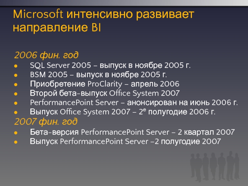 Microsoft интенсивно развивает направление BI2006 фин. годSQL Server 2005 – выпуск