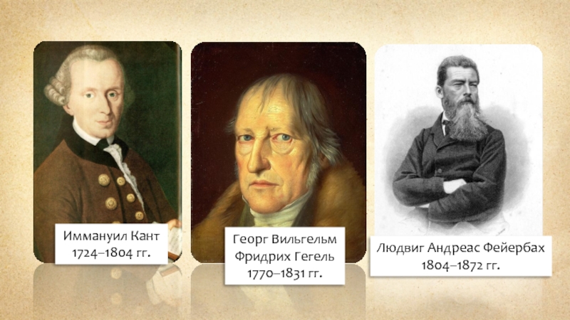 Иммануил Кант 1724–1804 гг.Георг Вильгельм Фридрих Гегель1770–1831 гг.Людвиг Андреас Фейербах1804–1872 гг.