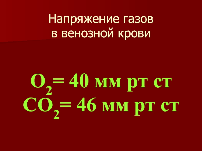 Напряжение газов  в венозной кровиО2= 40 мм рт стСО2= 46 мм рт ст