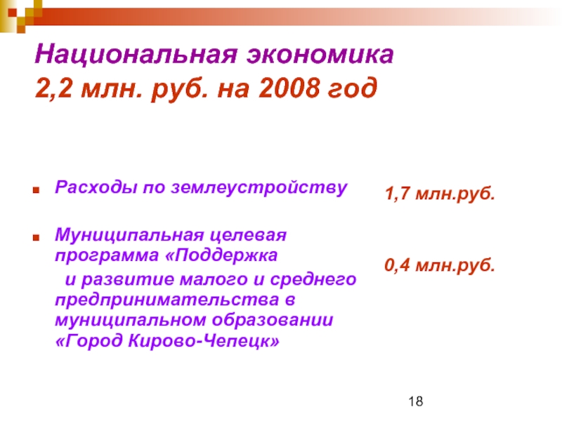 Национальная экономика  2,2 млн. руб. на 2008 год Расходы по