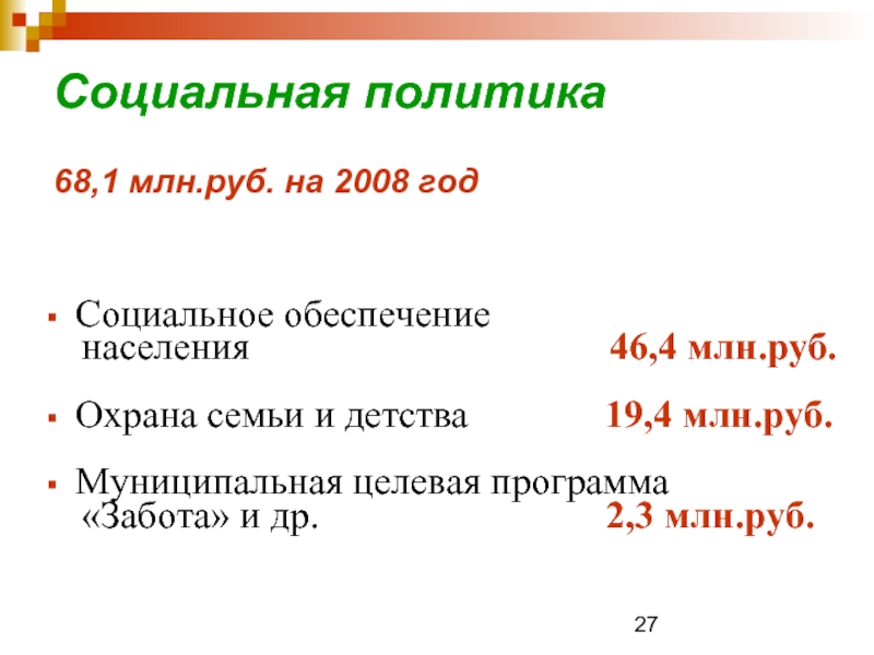Социальная политика  68,1 млн.руб. на 2008 год