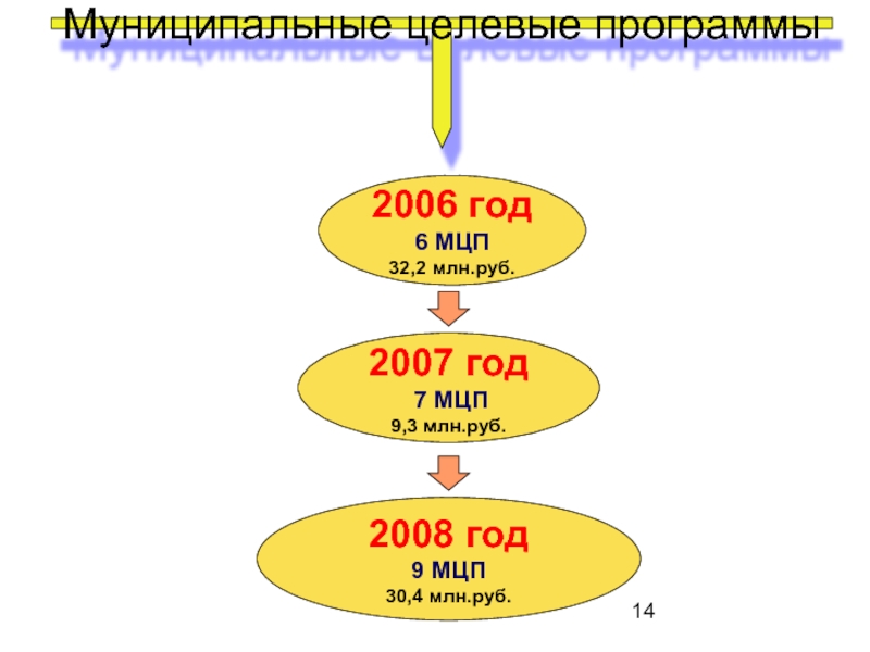 Муниципальные целевые программы2007 год 7 МЦП9,3 млн.руб.2006 год6 МЦП32,2 млн.руб.2008 год9 МЦП30,4 млн.руб.