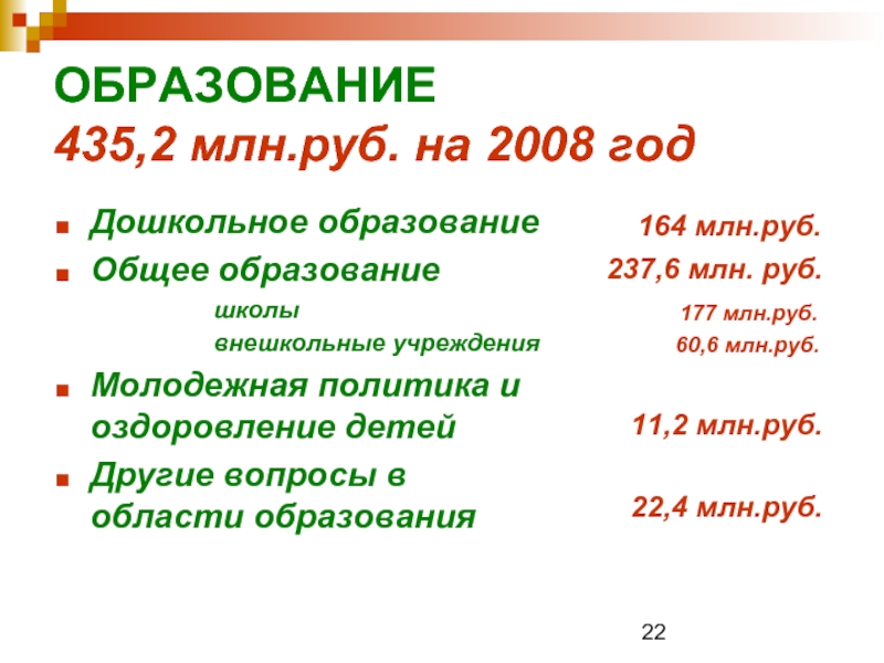 ОБРАЗОВАНИЕ 435,2 млн.руб. на 2008 год Дошкольное образование Общее образование