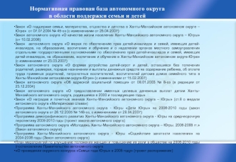 Нормативная правовая база автономного округа 
в области поддержки семьи и детей