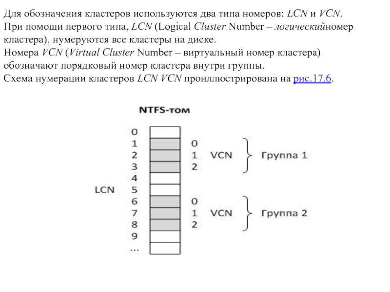 Для обозначения кластеров используются два типа номеров: LCN и VCN. При помощи первого типа, LCN (Logical Cluster Number