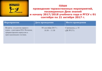 План проведения торжественных мероприятий, посвященных Дню знаний и началу 2017/2018 учебного года в РГСУ