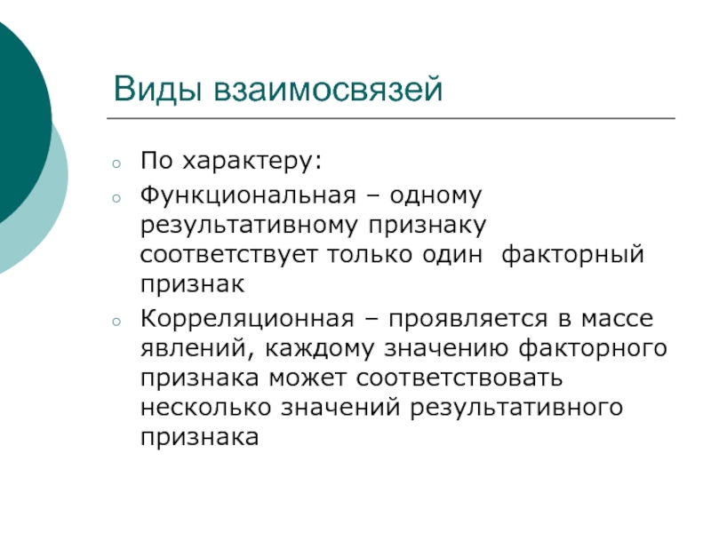 Признак соответствует. Виды связи между функциональными и результативными признаками.. Все виды взаимосвязи. Перечислите виды взаимосвязей по количеству факторных признаков.