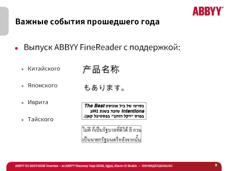 Важные события прошедшего годаВыпуск ABBYY FineReader c поддержкой:КитайскогоЯпонскогоИвритаТайского