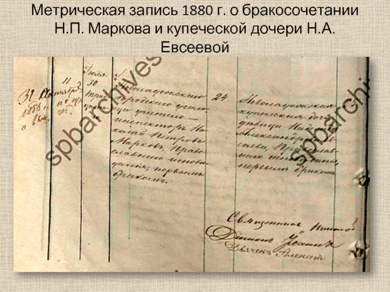 Метрическая запись 1880 г. о бракосочетании  Н.П. Маркова и купеческой дочери Н.А. Евсеевой