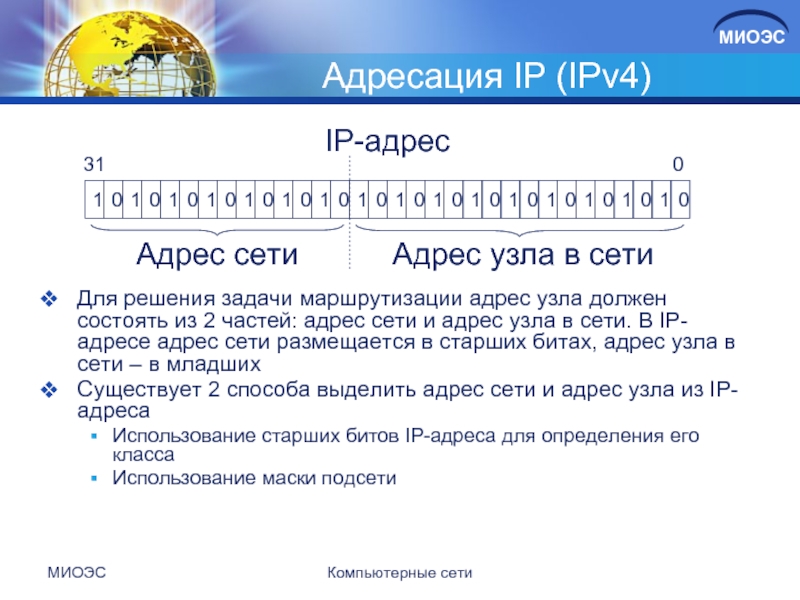 МИОЭСКомпьютерные сети Адресация IP (IPv4)Для решения задачи маршрутизации адрес узла должен