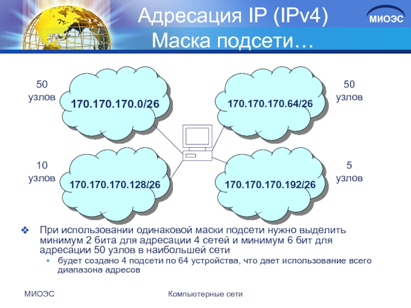 МИОЭСКомпьютерные сети Адресация IP (IPv4) Маска подсети…При использовании одинаковой маски подсети