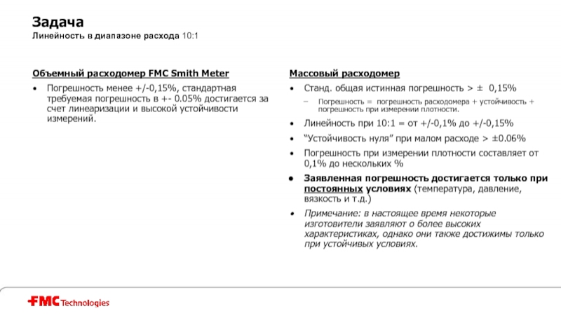 Задача Линейность в диапазоне расхода 10:1 Объемный расходомер FMC Smith Meter