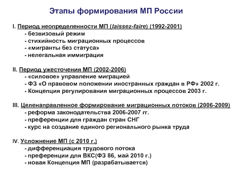 Этапы формирования МП России  I. Период неопределенности МП (laissez-faire) (1992-2001) 	-