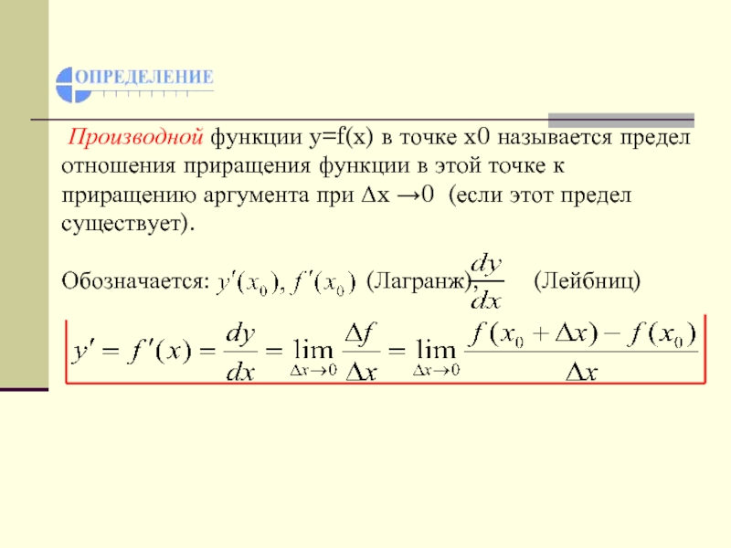 Производной функции y=f(x) в точке x0 называется предел отношения приращения
