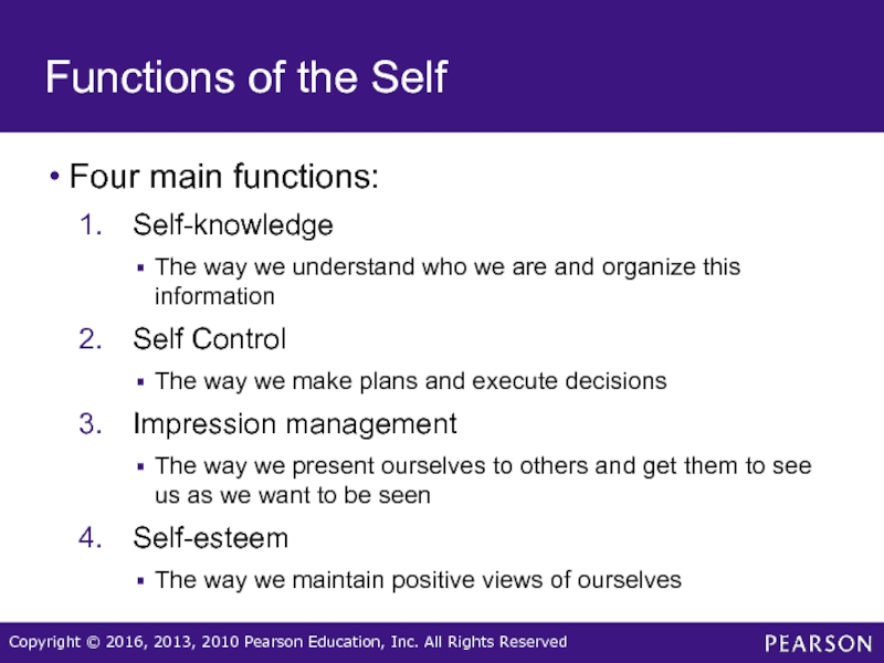 Functions of the SelfFour main functions:Self-knowledgeThe way we understand who we