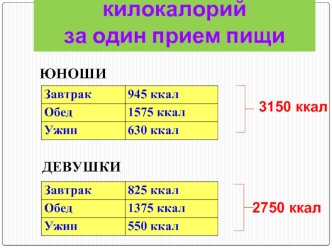 Количество килокалорий за один прием пищи