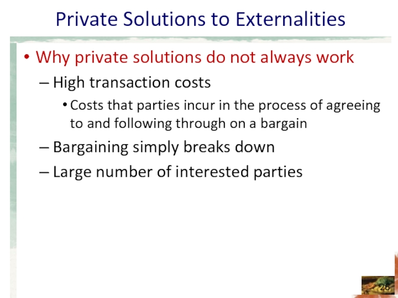 Private Solutions to Externalities Why private solutions do not always work High