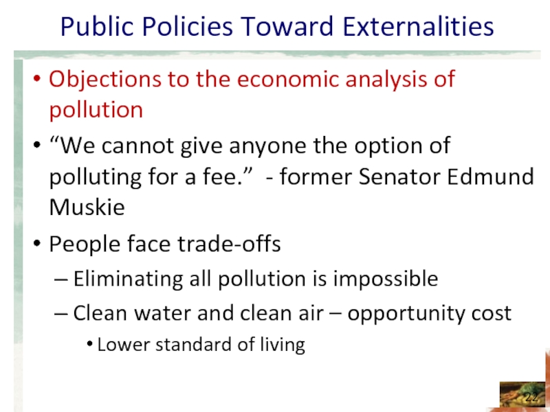 Public Policies Toward Externalities Objections to the economic analysis of pollution “We