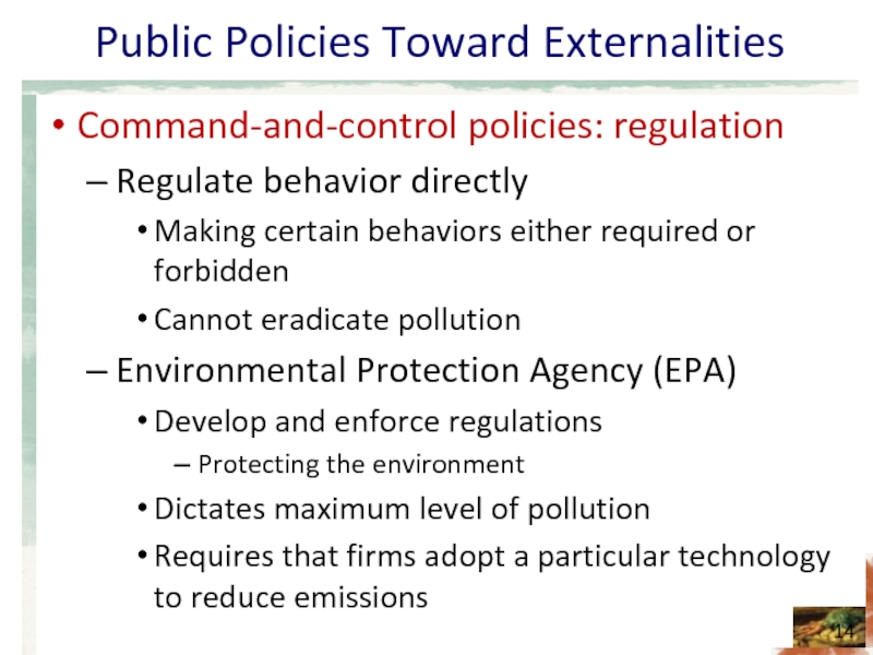 Public Policies Toward Externalities Command-and-control policies: regulation  Regulate behavior directly Making
