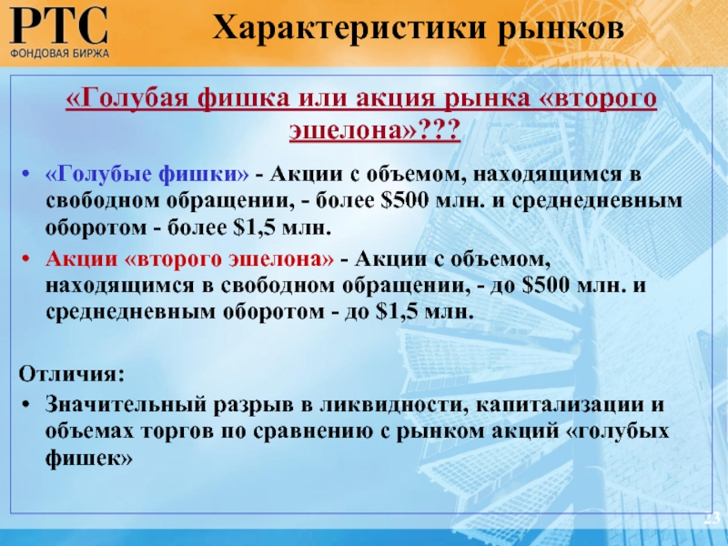 Акции 3 эшелона. Голубые фишки акции второго эшелона. Характеристика акций. Акции находящиеся в Свободном обращении. Характеристики рынка.