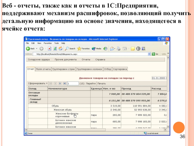 Веб - отчеты, также как и отчеты в 1С:Предприятии, поддерживают механизм расшифровок,