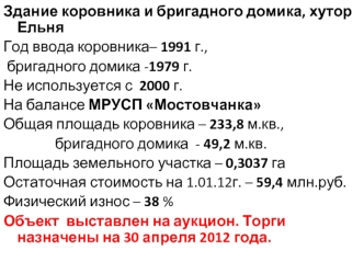 Здание коровника и бригадного домика, хутор Ельня
Год ввода коровника– 1991 г.,
 бригадного домика -1979 г.
Не используется с  2000 г.
На балансе МРУСП Мостовчанка
Общая площадь коровника – 233,8 м.кв.,
               бригадного домика  - 49,2 м.кв.     
