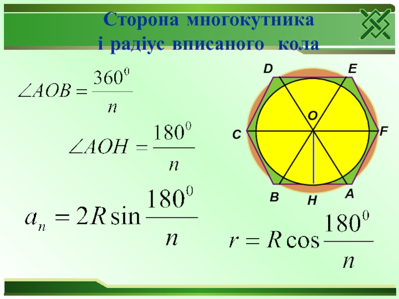 Формулы сторон. Правильні многокутники 9 клас. Радіус описаного кола. Коло вписане в трикутник. Площа проекції многокутника.