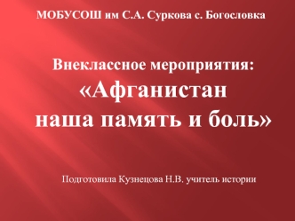 Внеклассное мероприятия:
Афганистан 
наша память и боль