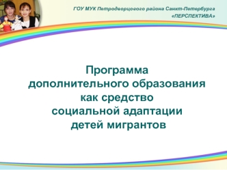 Программа 
дополнительного образования 
как средство 
социальной адаптации
 детей мигрантов