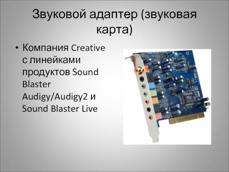 Звуковой адаптер (звуковая карта)Компания Creative с линейками продуктов Sound Blaster Audigy/Audigy2 и Sound Blaster Live
