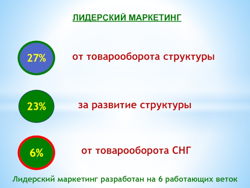 23% 6% от товарооборота СНГ за развитие структуры 27% от товарооборота структуры