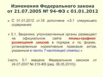 Изменения Федерального закона от 21.07.2005 № 94-ФЗ с 01.01.2012