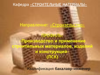 Направление: Строительство

ПРОФИЛЬ:
Производство и применение строительных материалов, изделий и конструкций
(ПСК)