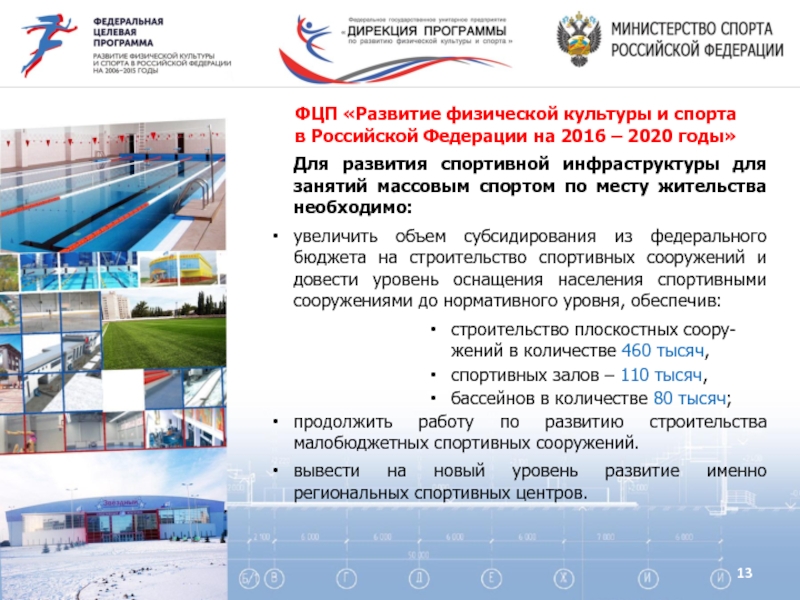 ФЦП «Развитие физической культуры и спорта  в Российской Федерации на 2016 – 2020 годы» Для развития