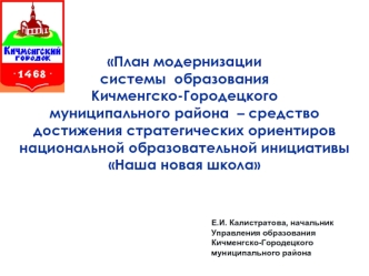 План модернизации 
системы  образования 
Кичменгско-Городецкого 
муниципального района  – средство 
достижения стратегических ориентиров национальной образовательной инициативы Наша новая школа