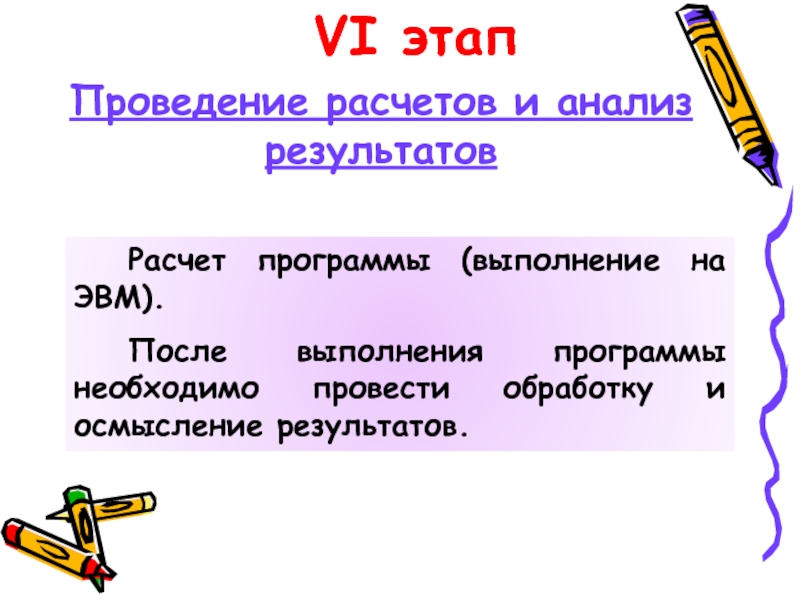 VI этап Проведение расчетов и анализ результатов Расчет программы (выполнение на ЭВМ).