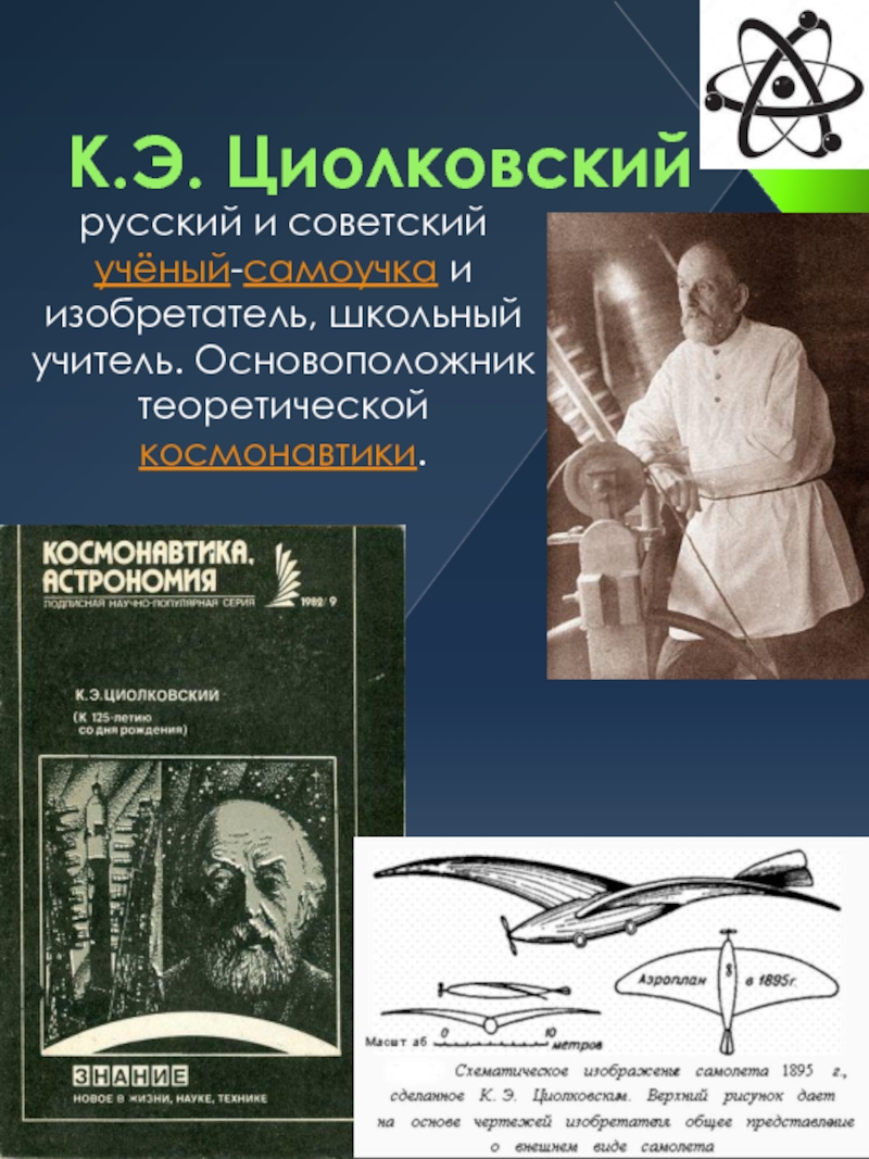 К.Э. Циолковский русский и советский учёный-самоучка и изобретатель, школьный учитель. Основоположник теоретической космонавтики.