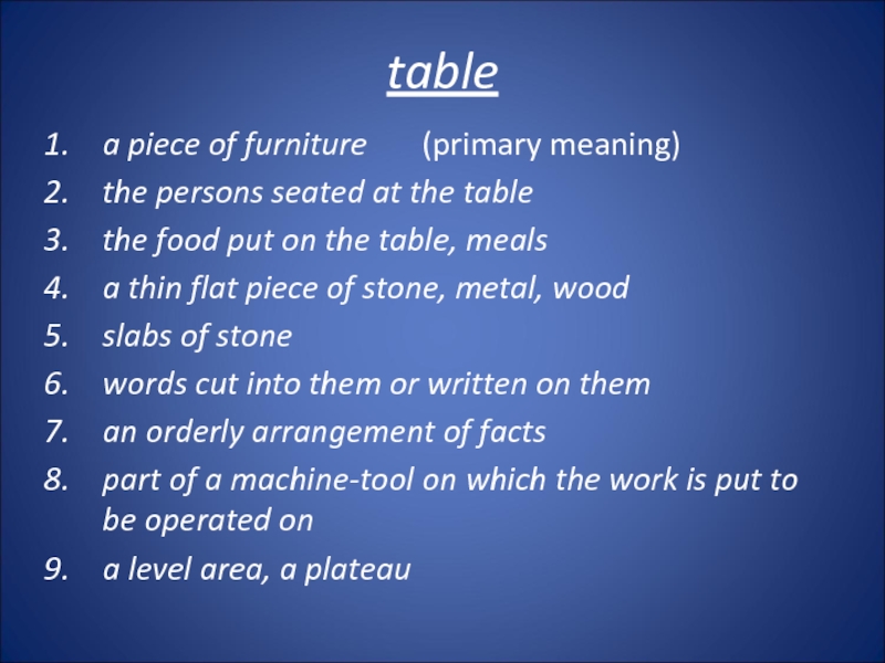 table  a piece of furniture    (primary meaning) the persons seated at the table