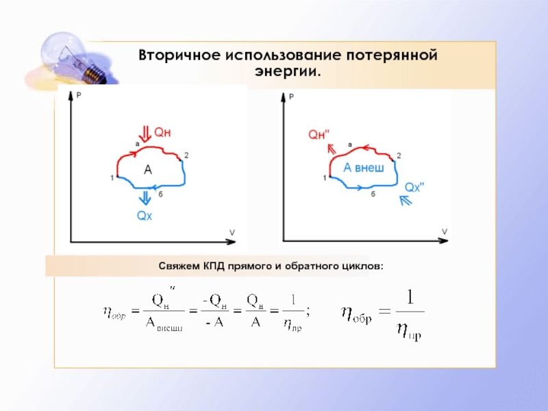 Обратный цикл. Прямые и обратные циклы. КПД обратного цикла. Вторичное использование потерянной энергии. Эффективность прямых и обратных циклов.