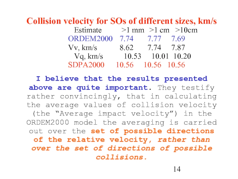 Collision velocity for SOs of different sizes, km/sEstimate		>1 mm	 >1 cm >10cm	ORDEM2000 	 7.74