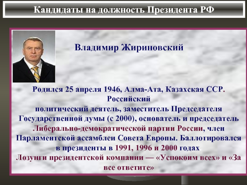 Крупнейшие политики. Кандидат на должность президента РФ. Кандидаты на пост президента 2000. 25 Апреля 1946 Жириновский. Политические деятели занимавшие пост президента РФ С 1991.