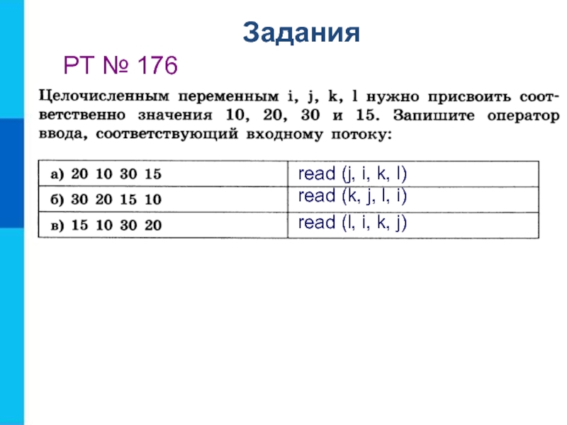 Соответственно номеру. Оператор ввода соответствующий входному потоку. Целочисленным переменным. Целочисленным переменным i. Целочисленные переменные i j k l.