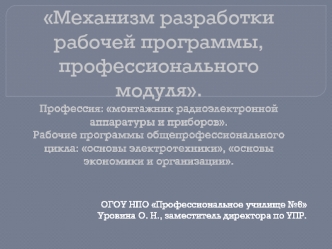 Механизм разработки рабочей программы, профессионального модуля.Профессия: монтажник радиоэлектронной аппаратуры и приборов.Рабочие программы общепрофессионального цикла: основы электротехники, основы экономики и организации.