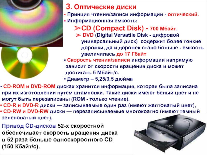 Максимальная память диска. Оптические лазерные диски. Типы накопители на оптических дисках. Принцип записи информации на оптические диски. Перезаписываемые лазерные диски.