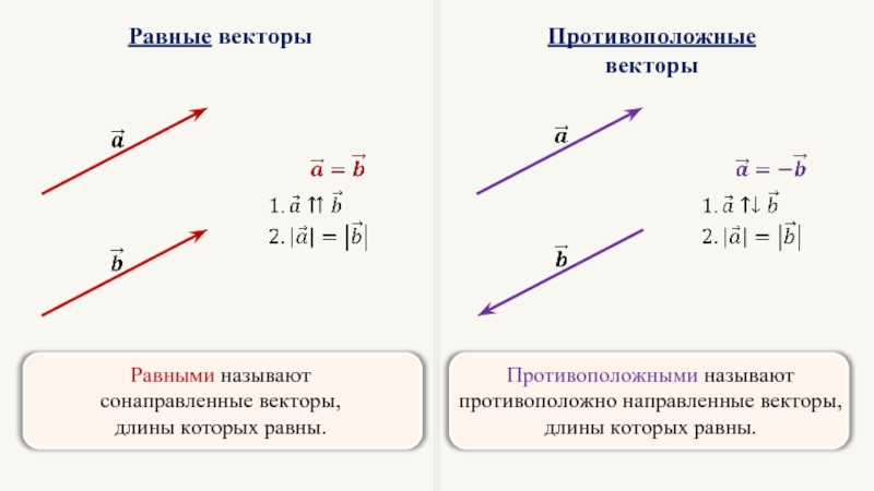 Противоположные длины. Сонаправленные и противоположно направленные векторы. Векторы сонаправлены противоположно направлены. Равные сонаправленные противоположно направленные векторы. Противоположные векторы равны.